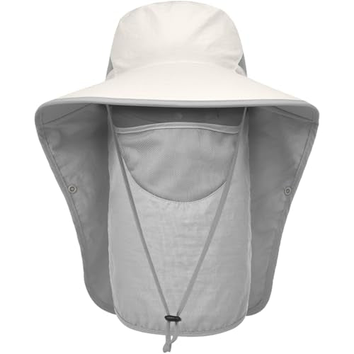Womens Sun Hat Wide Brim UPF50+ Outdoor Sun Protection Ladies Fishing Hat with Neck Flap Detachable Face Cover - color: Beige