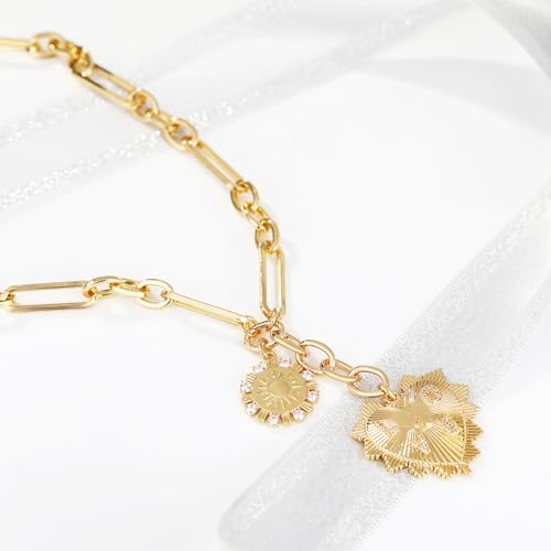 Gold Love Heart Sun Charm Chunky Paperclip Chain for Women Trendy 18K Gold Plated Coin Sunflower Pendant Choker Necklace Hip Hop Jewelry Gifts for Her - style: LOVE HEART, SUN