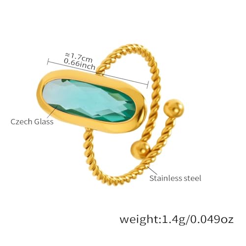 18K Gold Plated Adjustable Twisted Rings for Women Non Tarnish Oval Czech Glass Stone Stainless Steel Statement Rings Open Gemstone Boho Stackable Band Jewelry - color: Light Green