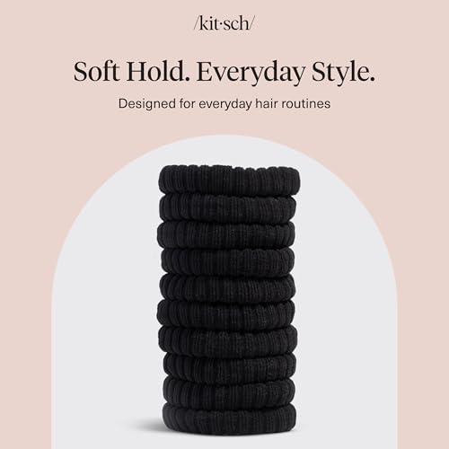 Kitsch Ribbed Hair Ties No Damage - Strong, Stretchy & Snag-Free Hair Bands | Soft Fabric Ponytail Holders, Stylish Elastics for Everyday Hairstyles | Ideal Gifts for Women - Black, 10pcs - color: Black Ribbed (Pack of 10)