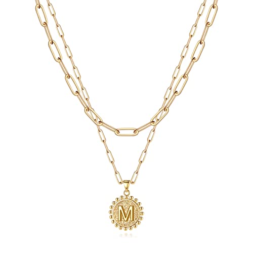 Yoosteel Layered Initial Necklaces for Women Trendy - 14K Gold-Plated Dainty Layering Paperclip Chain Coin Initial Necklace Jewelry Gifts for Women Mom Wife Teen Girls - color: Gold, style: M