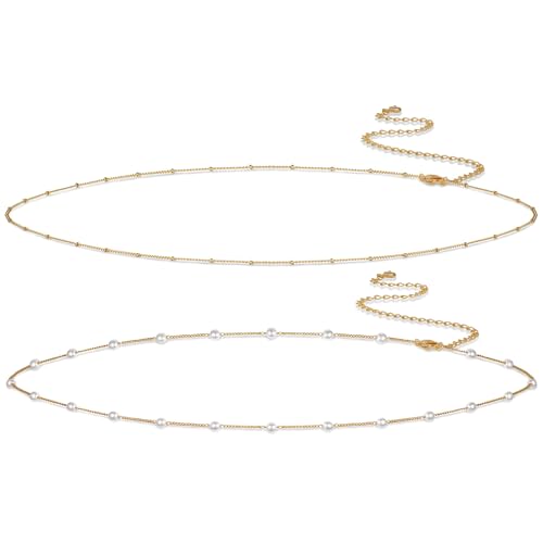 Kyerlyn Body Chain for Women 14K Gold Plated Waist Beads Chain Gold Belly Belt Cuban Layered Body Chains Waterproof Adjustable Sexy Bikini Beach Body Jewelry Daily Belts Gifts for Women 26.5-33Inch - style: Pearl + Satellite