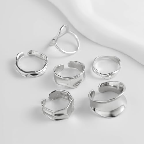 Chunky Rings for Women Adjustable Thick Rings Set Trendy Statement Stackable Ring for Women Chunky Jewlery Irregular Dome Flower Finger Knkuckle Thumb Ring - style: Style 3 - 6pcs s