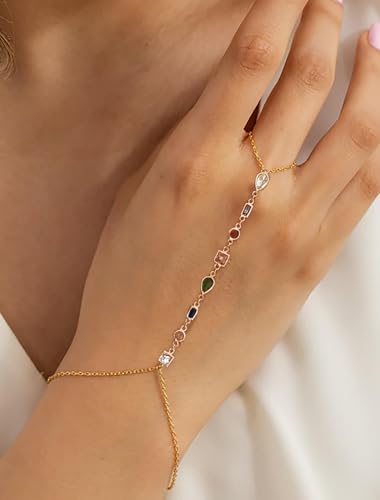 Rhinestone Gold Hand Chain Bracelet for Women – Dainty Brass Finger Ring Bracelet with Colorful Crystal Stones, Adjustable Hand Harness Bracelets Jewelry, Boho Fashion Accessories, Gift for Her