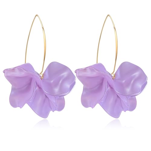 Exaggerated Bohemian Resin Rose Flower Petal Dangle Drop Earrings Long Acrylic Tiered Floral Tassel Earring for Women - color: Pearl Purple