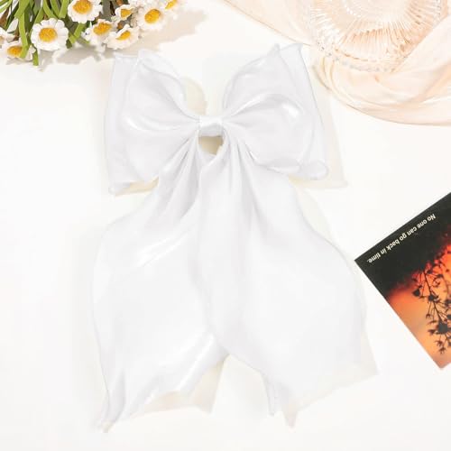 Large Hair Bow Clips for Women, White Bow Hair Barrettes with Long Tail French Hair Ribbon Clips Hair Accessories for Girls (White 2PC) - color: White,White