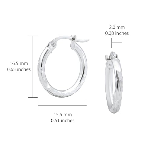 Hoops & Loops 925 Sterling Silver Diamond-Cut Hoop Earrings for Women, 2mm Textured Lightweight Click Top Hoops, 15mm 20mm 25mm 30mm, Silver 14k Yellow Gold & Rose Gold Flash Plated - color: Silver - 15mm (0.59'')