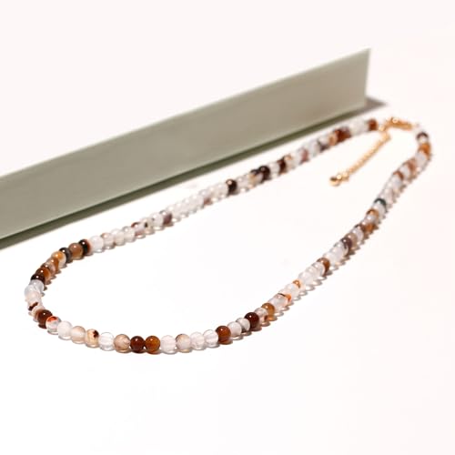 Simple Choker Necklace for Women Real Stone and Crystals Necklaces 4mm Beaded Choker Jewelry Meditation Gift for Women (16"+2") - style: Black Flower Agate