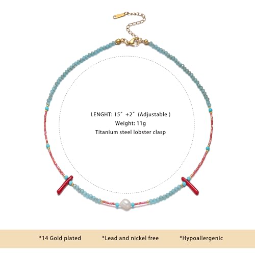 Turquoise Choker Necklace for Women, Western Crystal Bead & Pearl Necklace with Adjustable Chain Natural Stone Energy Jewelry, Boho Beaded Choker for Gifts - color: Turq Red Blue
