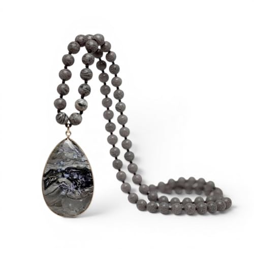 Long Genuine Stone beads and Pendant Necklace for Woman. Hand Knotted natural stone beads with big non-precious stone statement necklace. HANDMADE Boho Jewelry for women. - color: Grey
