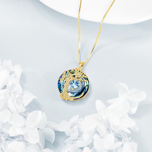 POPLYKE Mothers Day Gifts for Mom Her Wife Tree of Life Necklace 925 Sterling Silver Birthstone Pendant with Crystal Anniversary Birthday Wedding Jewelry for Women - color: 03-Mar-Aquamarine, style: 18K Gold Plated-Blue Crystal