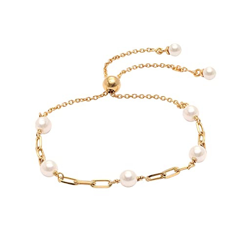 LeCalla Pure 925 Sterling Silver Italian Paperclip Link Chain Bracelets | Gold Over Silver Paper-Clip Link Station Bracelet | Sliding Bolo Bracelet for Women - color: Yellow-Gold Pearl Station