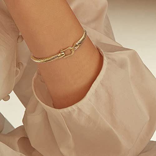 Twisted Cable Bracelet Stylish Fine Stainless Steel Cable Cuff Bracelet with Hook Clasp Bracelets Jewelry for Women - color: Upgrade 18K Gold （7.6"）