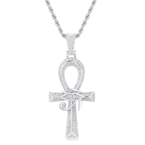 Eye of Horus Ankh Cross Pendant Necklace 18K White Gold Plated Iced Out CZ Bling Ancient Egyptian Religious Symbol Protection Chain Jewelry for Men Women Christmas Birthday Gift - color: White