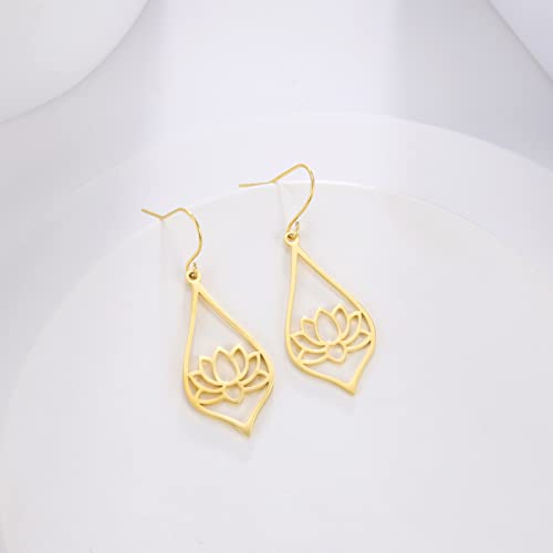 TEAMER Stainless Steel Lotus Flower Dangle Earrings Bohemian Drop Earring Unique Geometric Jewelry for Women - color: Lotus 3-Gold