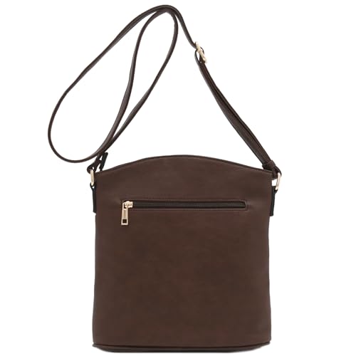 ALYSSA Triple Zip Pocket Large Crossbody Bag - color: Coffee