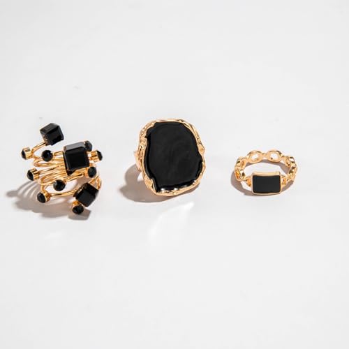 Chunky Gold and Black Two-tone Enamel Drip Band Rings Set for Women, Vintage Statement Large Crystal CZ Ring Big Party Prom Jewelry Gift Accessories - color: Black -Gold