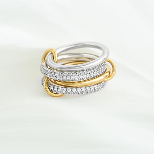 BKC Gold Stackable Rings for Women, 14k Gold Plated Chunky Statement Cubic Zirconia Rings, Silver Gold Multi Ring Interlocking Mixed Metals Stack Rings Set Non Tarnish - color: Whisper set, size: 10