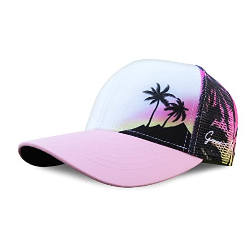 Grace Folly Beach Trucker Hats for Women- Snapback Baseball Cap for Summer - color: Pink Palm Tree- Mesh Print