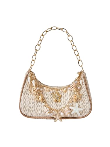 MakeMeChic Women's Straw Beach Purse Seashell Beaded Shoulder Handbags Summer Vacation Bags - color: Multicolor Beige