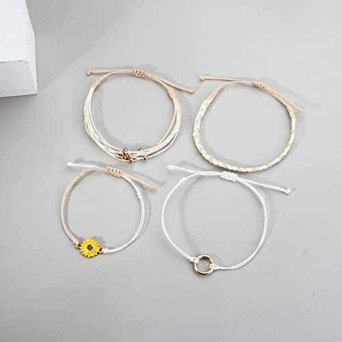 FANCY SHINY Easter Gifts Basket Stuffers Sunflower String Bracelet Boho Braided Rope Wrap Bracelets Cute Summer Beach Surfer Jewelry for Women - color: Wheat