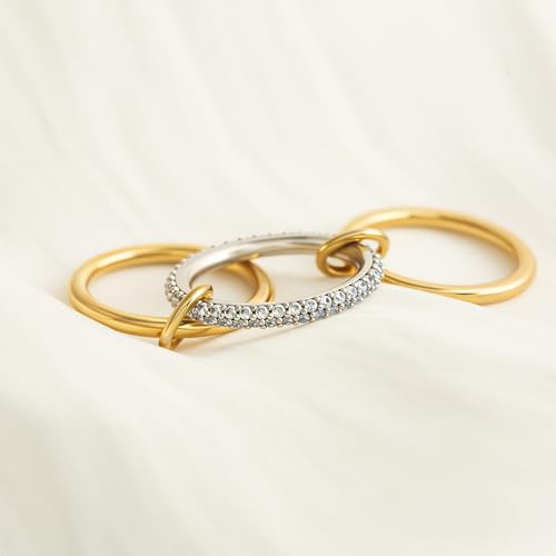 BKC Gold Stackable Rings for Women, 14k Gold Plated Chunky Statement Cubic Zirconia Rings, Silver Gold Multi Ring Interlocking Mixed Metals Stack Rings Set Non Tarnish - color: Modernist set, size: 8