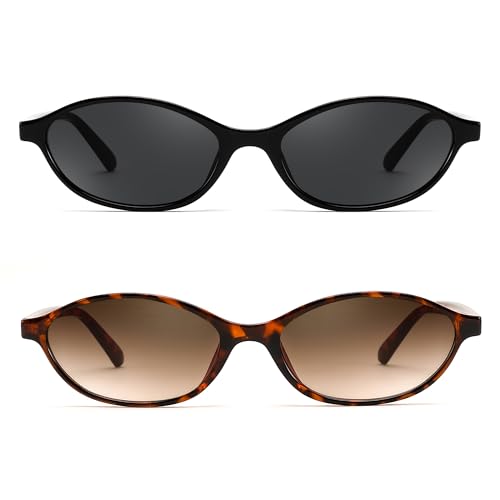 FEISEDY Retro Oval Sunglasses for Women Cat Eye 90s Lightweight Narrow Shades Trendy Sun Glasses B4196 - color: 2 Pack Black+tortoise