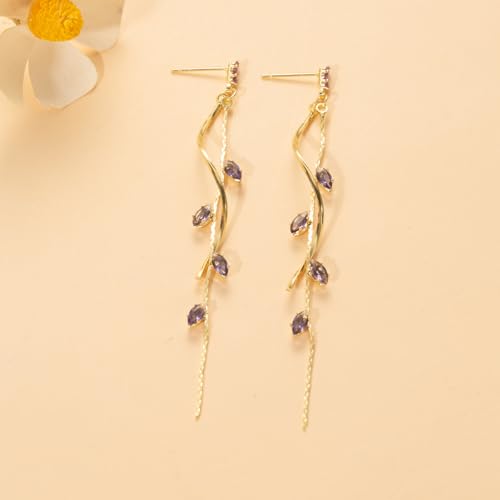 Temperament Long Zircon Tassel Earrings for Women Charm Jewelry Sparkling Crystal Leaves Twist Dangle Earrings for Friends - color: Gold-Purple Leaves
