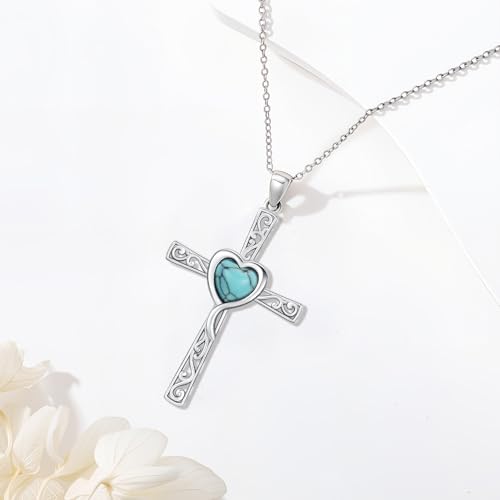 Cross Necklace 925 Sterling Silver Turquoise Christian Pendant Religious Cross Jewelry Christmas Gifts for Women Men - style: Heart
