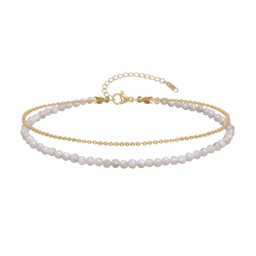 Ankle Bracelet for Women, Dainty 18k Gold Natural Stone Beaded Anklet Adjustable Double Ankle Chain Waterproof Summer Boho Foot Jewelry Birthday Anniversary Graduation Gifts - color: Moonstone