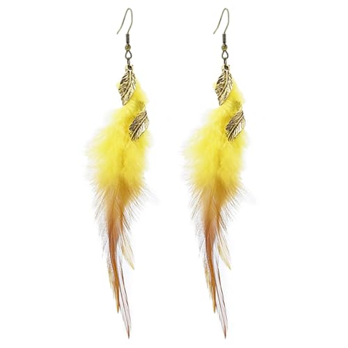Bohemian Handmade Natural Long Feather Dangle Earrings for Women Multicolor Tassel Feathers Dangle Drop Earrings Vintage Bohemian Earrings Boho Feather Earrings - color: Yellow