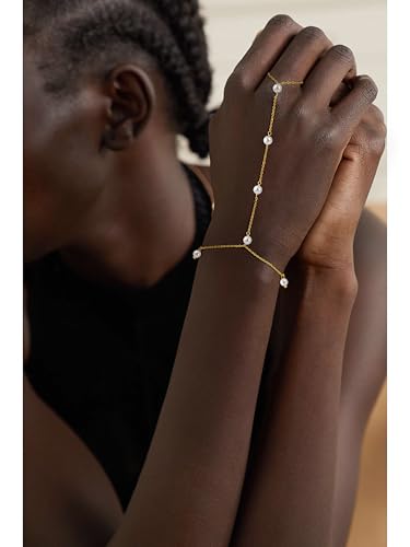 CHESKY 14k Gold Plated Hand Chain Bracelet for Women Trendy, Dainty Ring Bracelets Hand Chain Finger Nail Bracelet Simple Gold Hand Jewelry for Women Gifts - style: Pearl