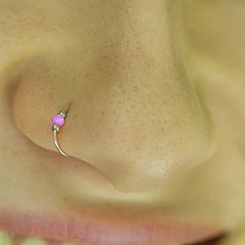 925 Sterling Silver & 14K Gold Filled Nose Ring Hoop Handmade Piercing Jewelry For Women - 24 Gauge 2mm,7mm Tiny Nose Ring with Opal - Gift Ready - color: Pink Opal Silver