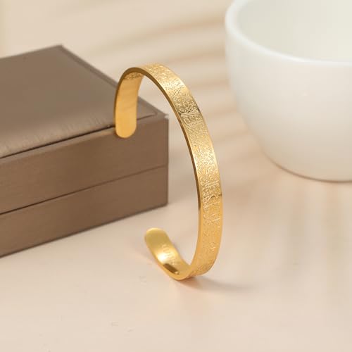 Qitian Islamic Jewelry Gifts for Women Allah Gold Bangles Bracelets Ayatul Kursi Arabic Cuff Bracelet for Women Men Islam Eid Ramadan New Year Gifts - color: E-Gold-Thick-men