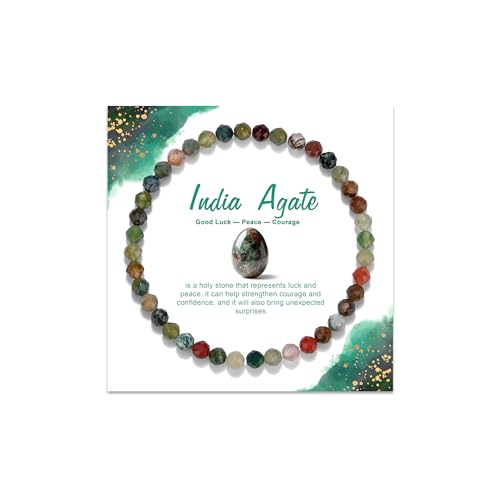 Natural Gemstone Beads Bracelets Healing Crystal Stone Beaded Bracelet for Women Men Handmade Spiritual Jewelry Gifts - color: India Agate, size: Faceted Round Beads