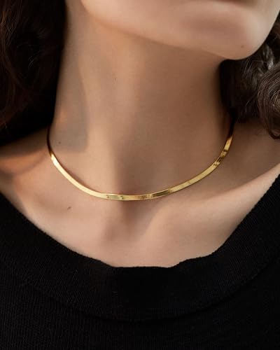 NECOCY 14K Gold Plated Necklaces for Women, Dainty Gold Herringbone Choker Necklace Thin Layered Snake Chain Jewelry for Gifts - color: 3MM 14"-GD Herringbone Necklace