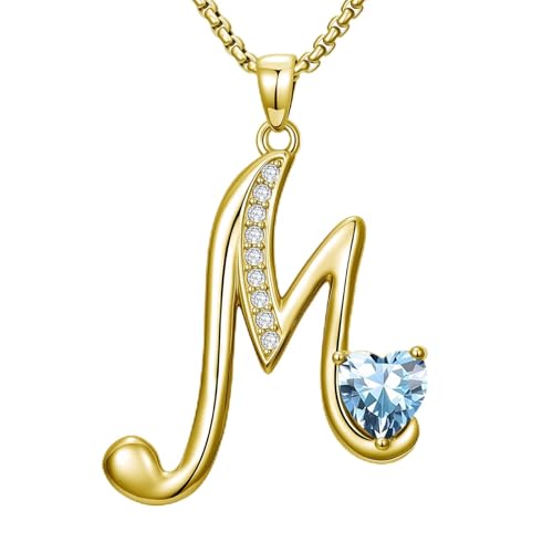 Birthday Gifts for Women 18k Gold Initial Necklaces for Women Simple Alphabets Letters with Birthstone Pendants Name Jewelry Anniversary Wedding Gifts for Sister Daughter Her (with Gift Box) - color: 03-Mar-Aquamarine, style: Letter M