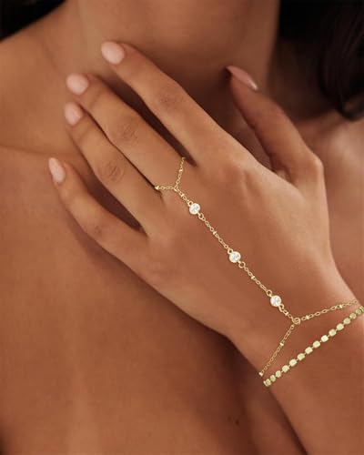 Gold Bracelets for Women Trendy, Dainty Gold Hand Chain Bracelets Stackable 14k Gold Plated Finger Ring Bracelet Hand Chain Cz Flower Layered Link Bracelets for Women Non Tarnish Jewelry Gifts - style: layered cz hand chain bracelet-gold