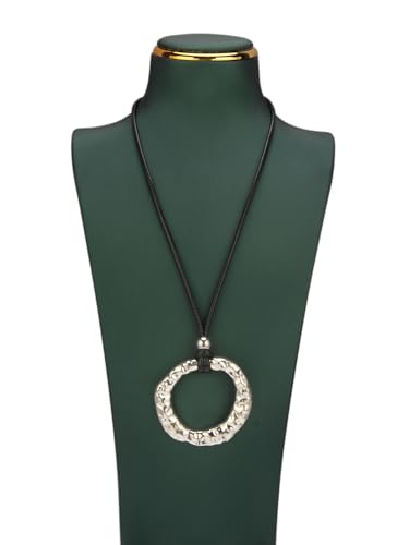 Leather Necklace for Women Vintage Boho Necklaces Black Cord Choker With Pendant Casual Chunky Leather Necklace Trendy - style: Circle Silver Necklace