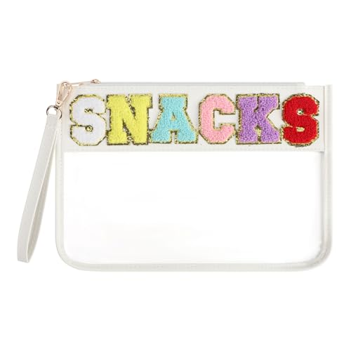 Clear Snack Bag for Travel, Chenille Letter Clear Zipper Snacks Pouch Nylon Cosmetic Bag Makeup Travel Bag for Women - color: White