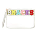 Clear Snack Bag for Travel, Chenille Letter Clear Zipper Snacks Pouch Nylon Cosmetic Bag Makeup Travel Bag for Women - color: White