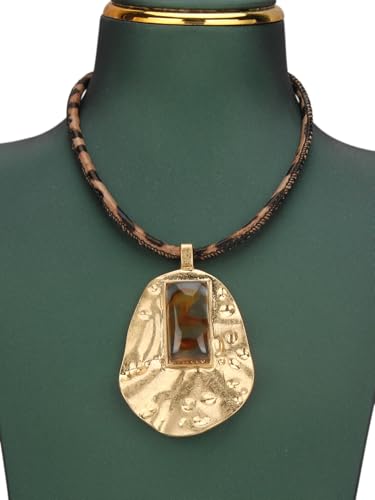 GelConnie Leather Necklaces Turquoise Long Boho Necklaces for Women Brown Chunky Circle Pendant Chocker Necklace Gold Sweater Necklace - style: Brown Leopard Print Necklace