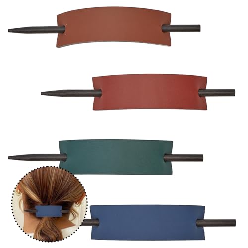 NICENEEDED 4PCS Leather Hair Clips, Faux Leather Hair Barrettes with Stick, Rectangle Shape Hair Slider Pin Stylish Bun Holder Hair Accessories for Women
