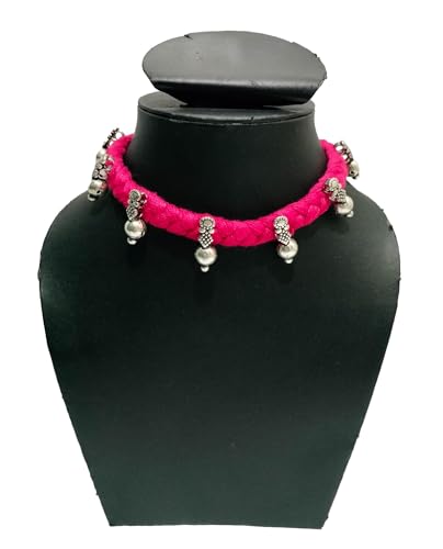 athizay Boho Charm Thread Choker Necklace – Braided Bohemian Choker with Oxidized Silver Dangle Charms | Handmade Boho Jewelry for Women - color: Pink, Silver