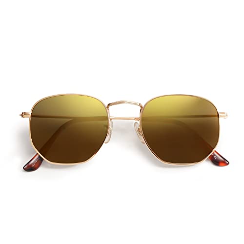 SOJOS Square Polarized Sunglasses for Women Men Small Hexagonal Polygon Shades SJ1072 - color: Gold Mirrored