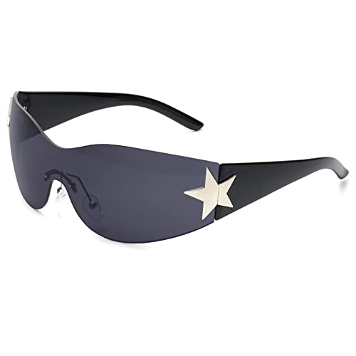 Rimless Y2K Sunglasses for Women Men Wrap Around Fashion Sunglasses Oversized Frameless Trendy Sun Glasses - color: Black Frame / Black Lens
