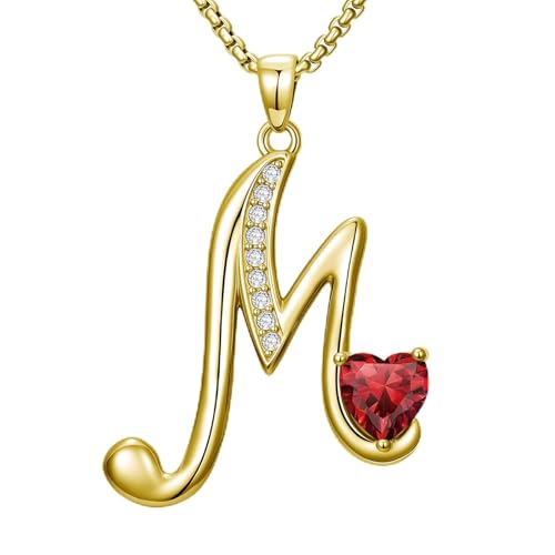 Birthday Gifts for Women 18k Gold Initial Necklaces for Women Simple Alphabets Letters with Birthstone Pendants Name Jewelry Anniversary Wedding Gifts for Sister Daughter Her (with Gift Box) - color: 01-Jan-Garnet, style: Letter M