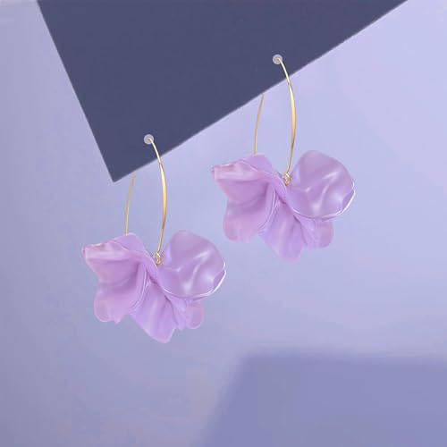 Exaggerated Bohemian Resin Rose Flower Petal Dangle Drop Earrings Long Acrylic Tiered Floral Tassel Earring for Women - color: Pearl Purple