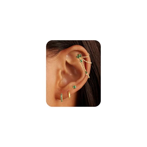 7Pcs Earring Stacks Cartilage Helix Flat Back Hoop Set For Women Stud Small Huggie Chain Multiple Piercing 14K Gold Plated Jewelry Triple Cubic Zirconia - color: 14K Gold Plated (Emerald), size: Butterfly