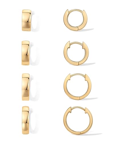 PAVOI 18K Gold Plated 925 Sterling Silver Posts Small Hoop Earrings for Women - Trendy Geometric Plain Chunky Huggie Earscape Piercing Pack - Hypoallergenic Everyday Gold Hoop Earrings Set - style: 4-Piece Set
